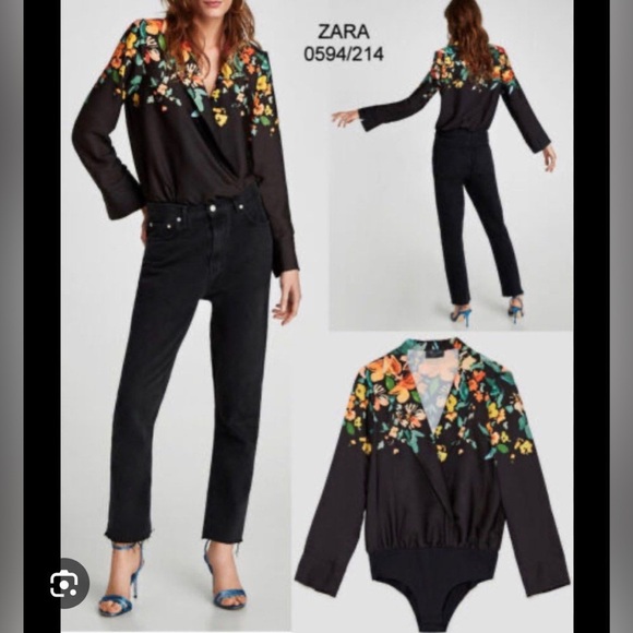 ZARA BLACK FLORAL PRINT BODYSUIT WITH LAPEL COLLAR  SATIN BLOUSE WOMENS SIZE S - Picture 4 of 12
